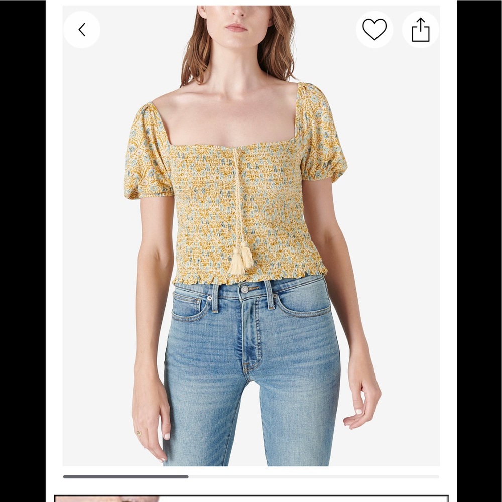 Yellow Lucky Brand Cotton Square-Neck Smocked Top